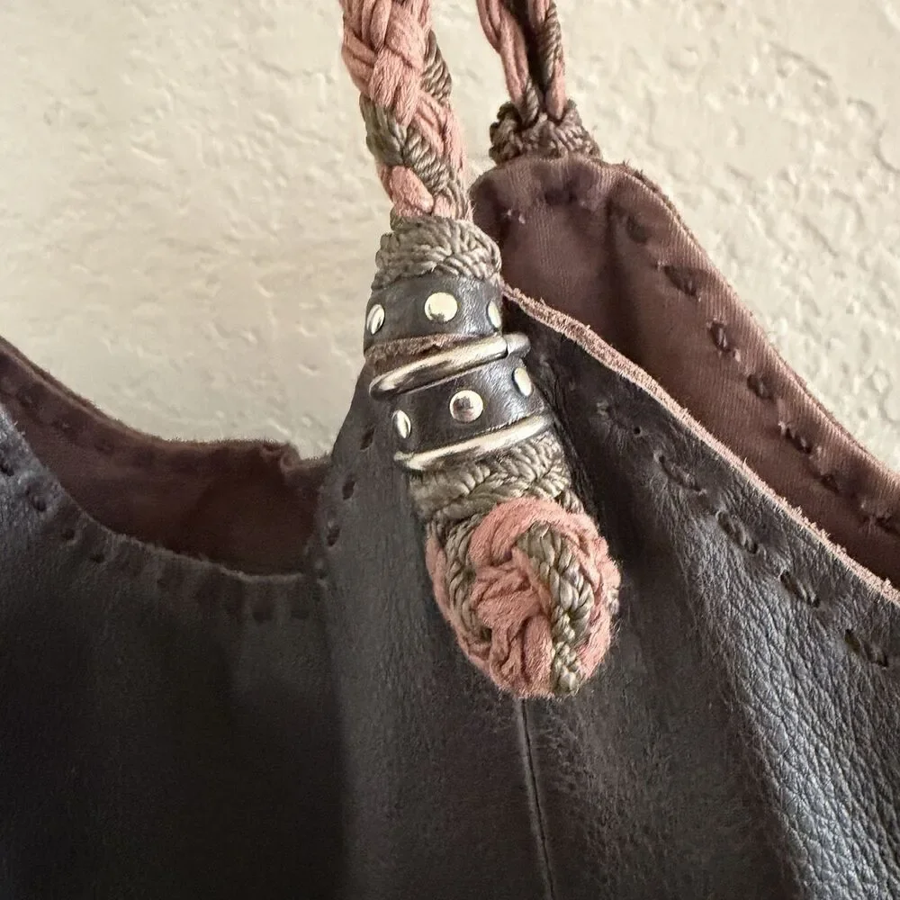 The Sak Slouchy Bucket Hobo Bag Black Leather Braided Straps Studs Y2K Purse